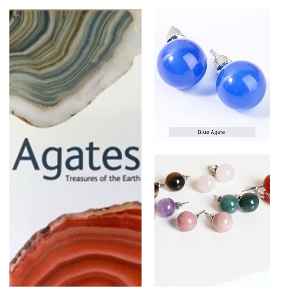 🐘 Natural Blue Agate Stainless Steel Stud Earrings